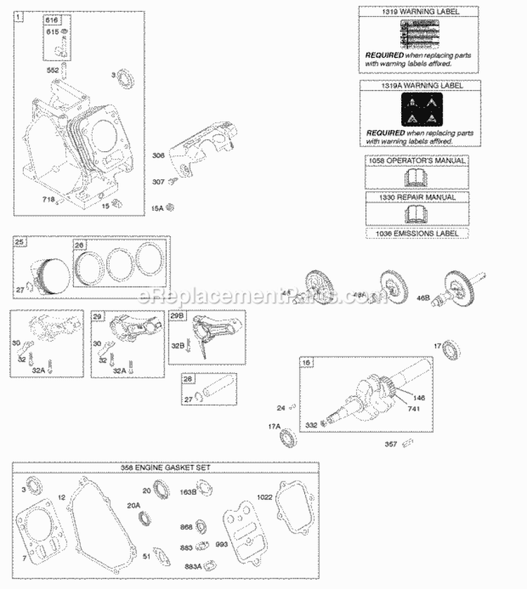 Camshaft Crankshaft Cylinder Piston Group Diagram and Parts List for 12S435-0125-G8  Briggs and Stratton Engine